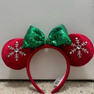 Disney Christmas Minnie Mouse Green Bow Sequins Ears